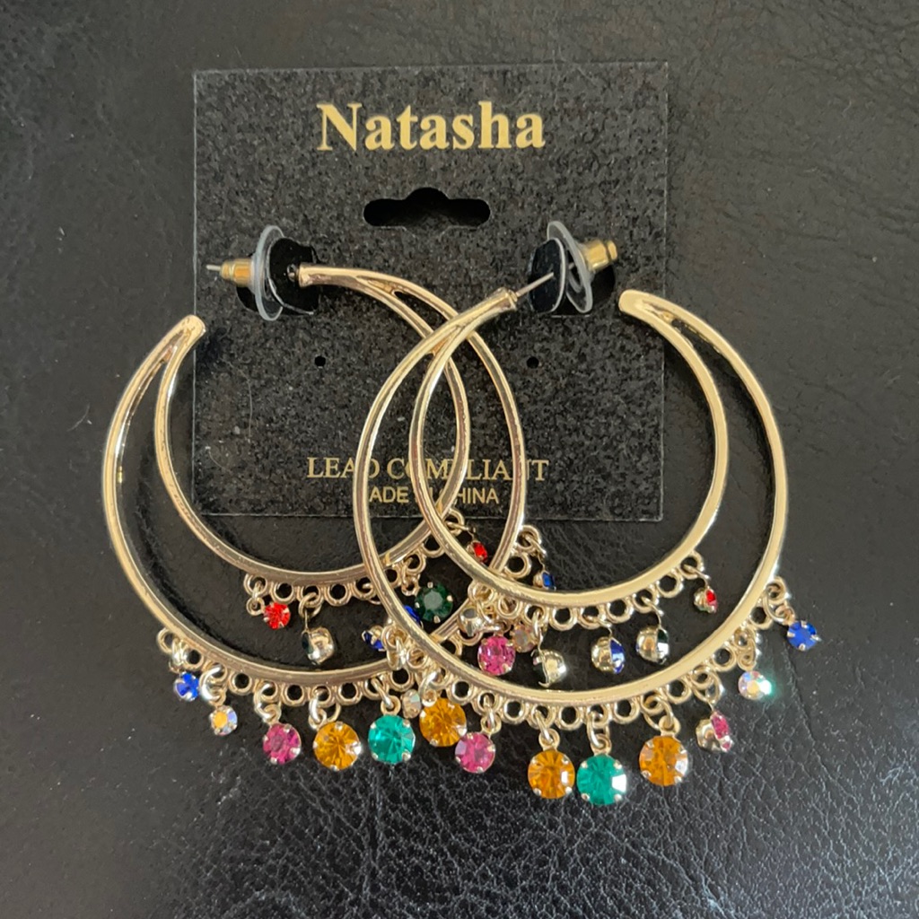 New Natasha Gypsy Double Hoops W Multi Color Crystals 29$